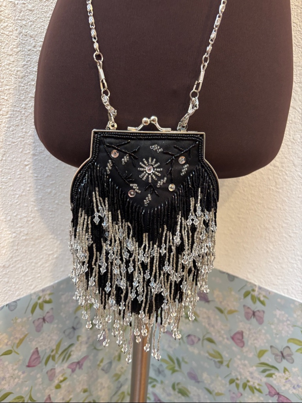 Vintage Stephanie Black Beaded Fringe Evening Bag.